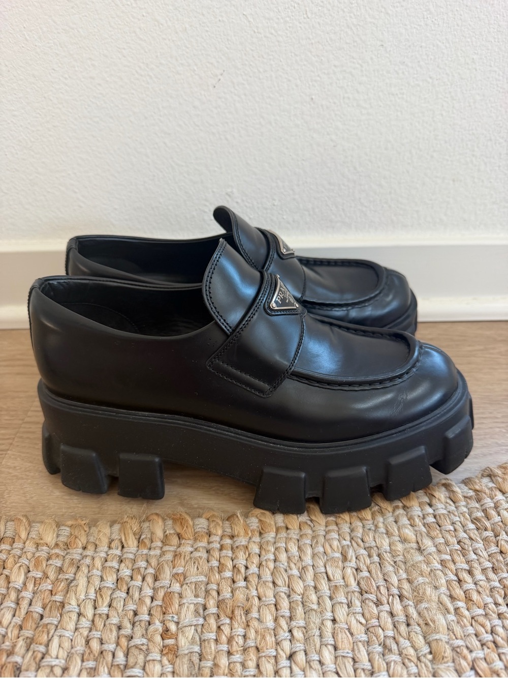 Prada Black Leather Chunky Lug-Sole Slip-On Loafers - Picture 2 of 4